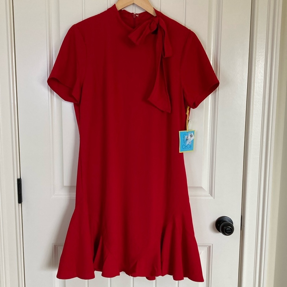 CeCe 12 Dress High Neck Bow Ruffled Hem Short Sleeves Red Flirty Feminine